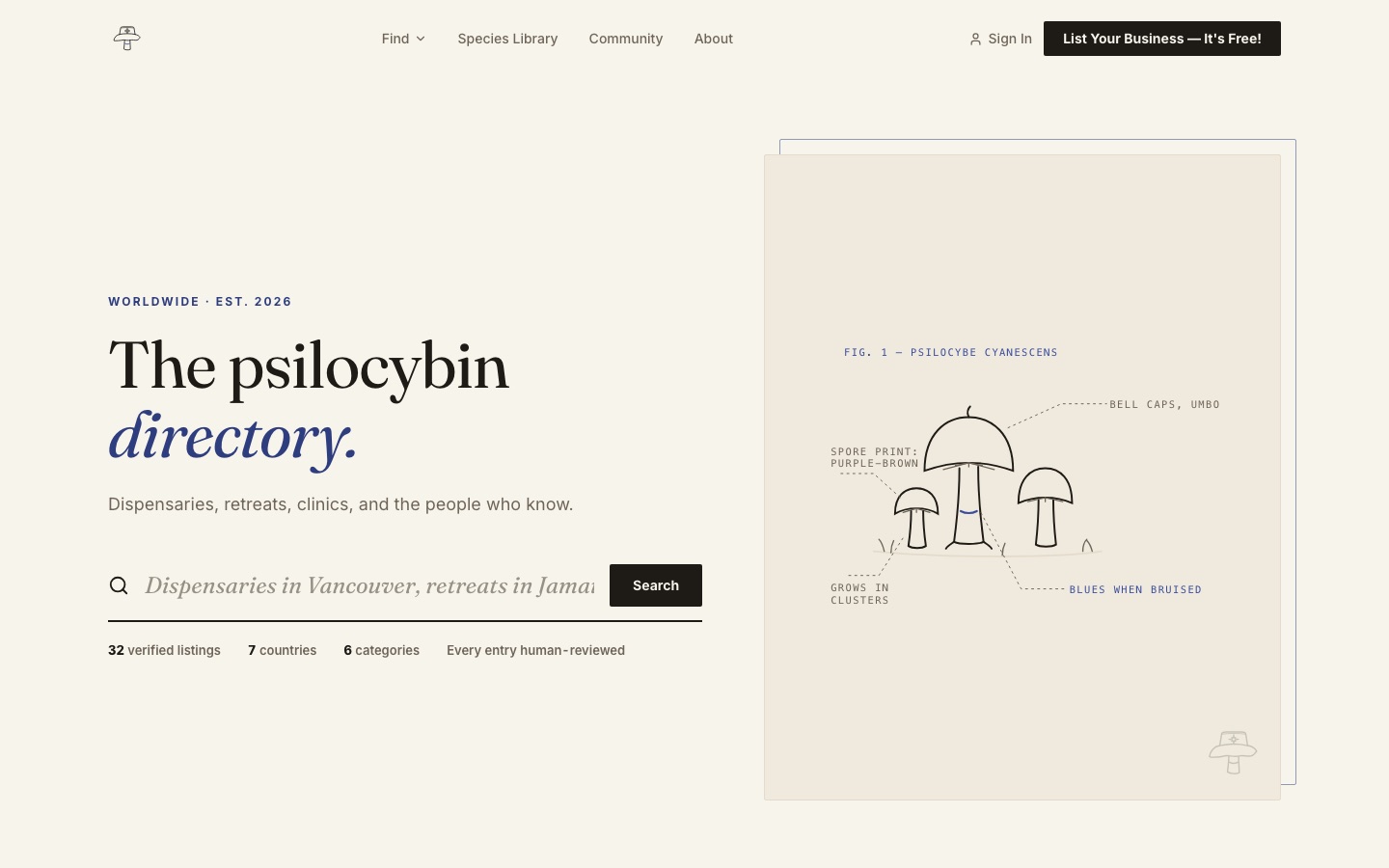 Maverick Mushroom — psilocybin directory and field guide built by Alejandro Arce