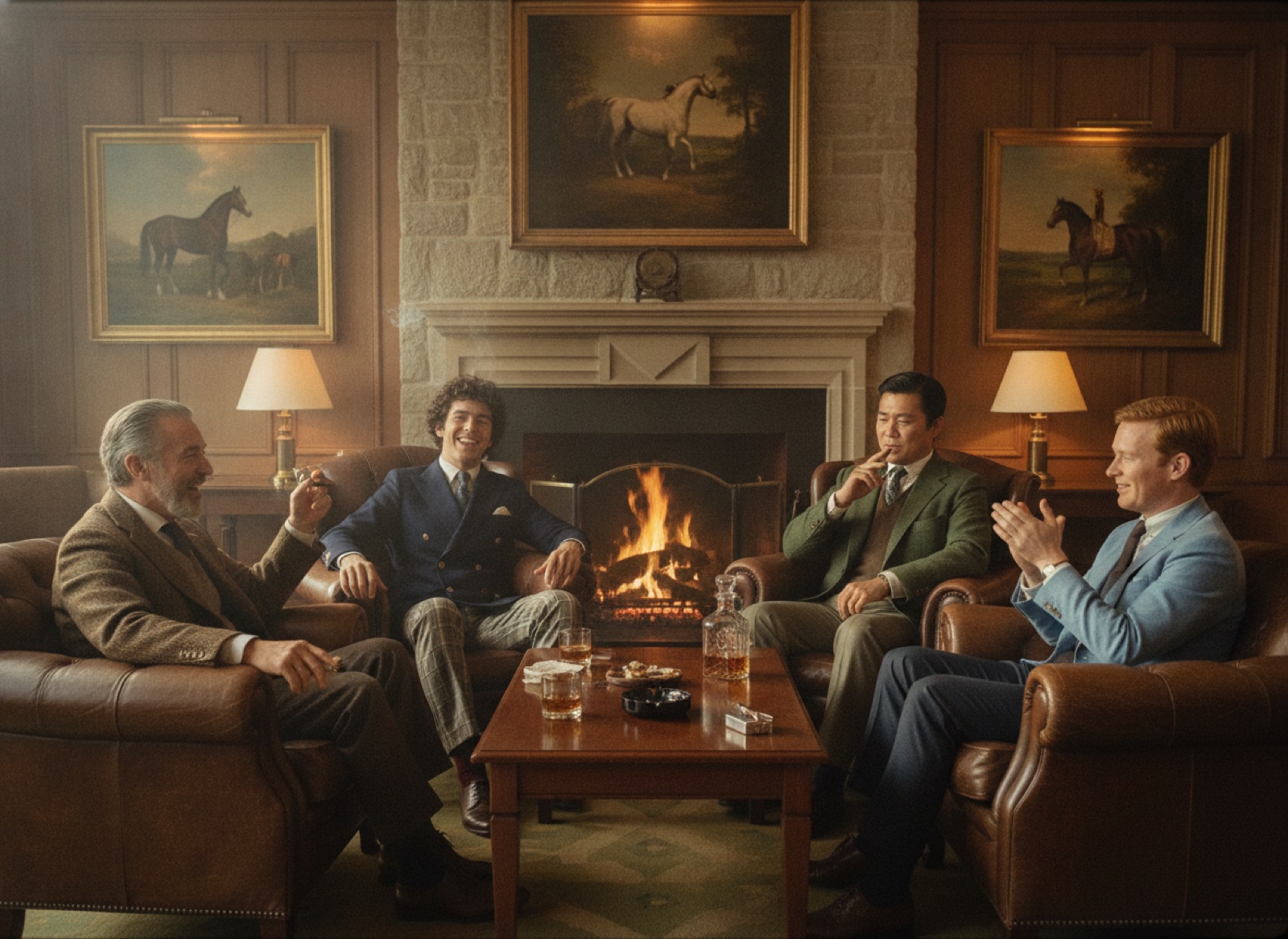 Members with cigars and whisky in the clubhouse lounge