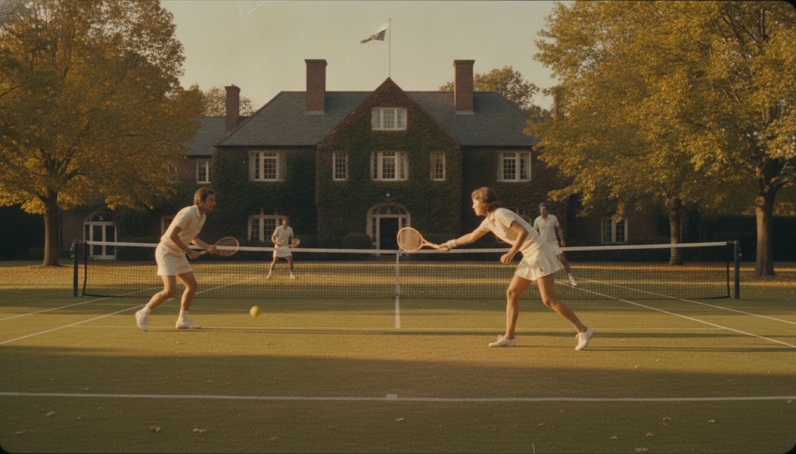 Two couples playing mixed doubles on the grass court at golden hour