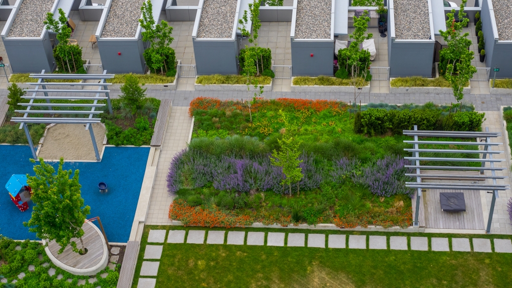 Aerial view of Sylvita Landscaping project showing lush garden design with natural stone pathways