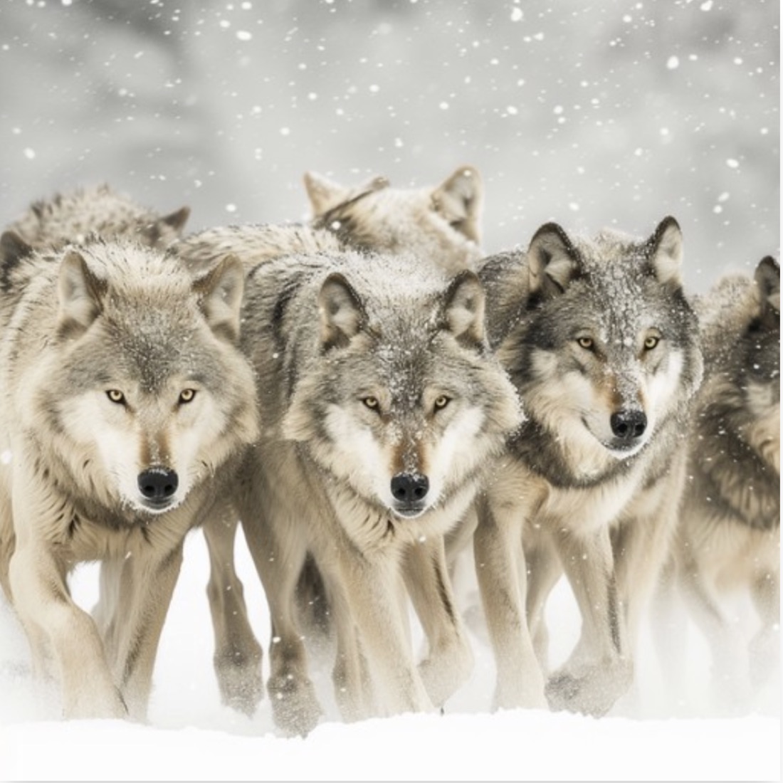 A wolf pack moving together through falling snow