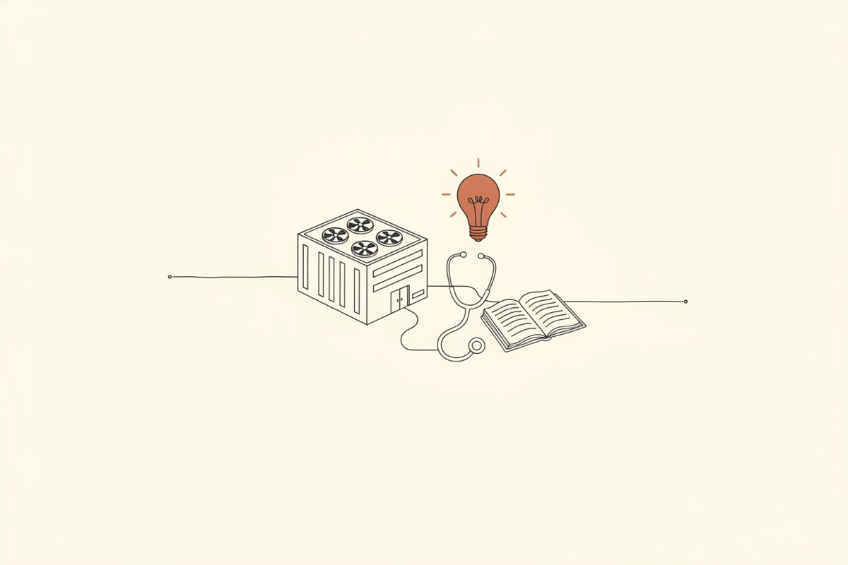 Line illustration: a boxy data-center building with cooling fans, a single wire flowing out of it to a stethoscope and an open book; a small lightbulb above them is the terracotta accent.