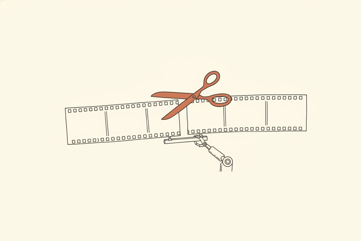 Line illustration: a film reel unspools into a straight edited strip while a small robotic hand reaches in from the side to attach a bar beneath it.