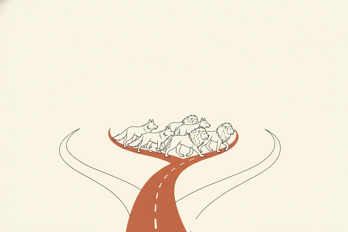 Line illustration: a road that forks into branching paths, with a mixed pack of wolves and lions walking together along it