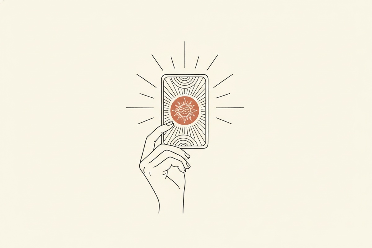 Line illustration: a hand holding up a single oracle card with short rays around it