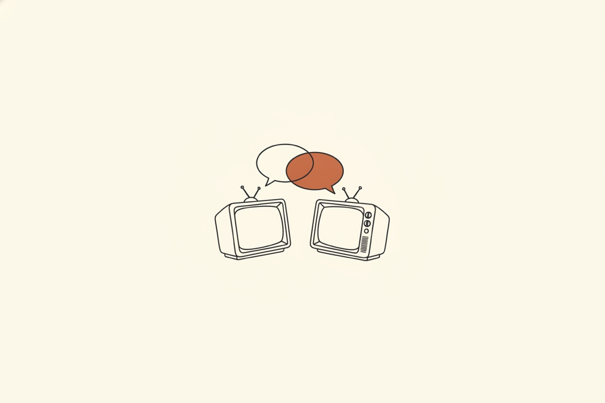 Line illustration: two old televisions facing each other with overlapping speech bubbles between them; one speech bubble is the terracotta accent.