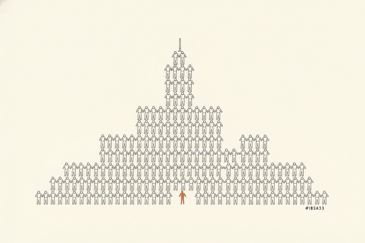 Line illustration: a city skyline whose buildings are formed by rows of small human figures holding hands; one figure is the terracotta accent.