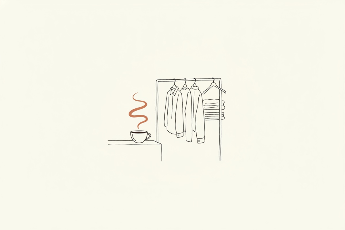 Line illustration: a coffee cup on a small counter with a clothing rack and folded garments behind it.