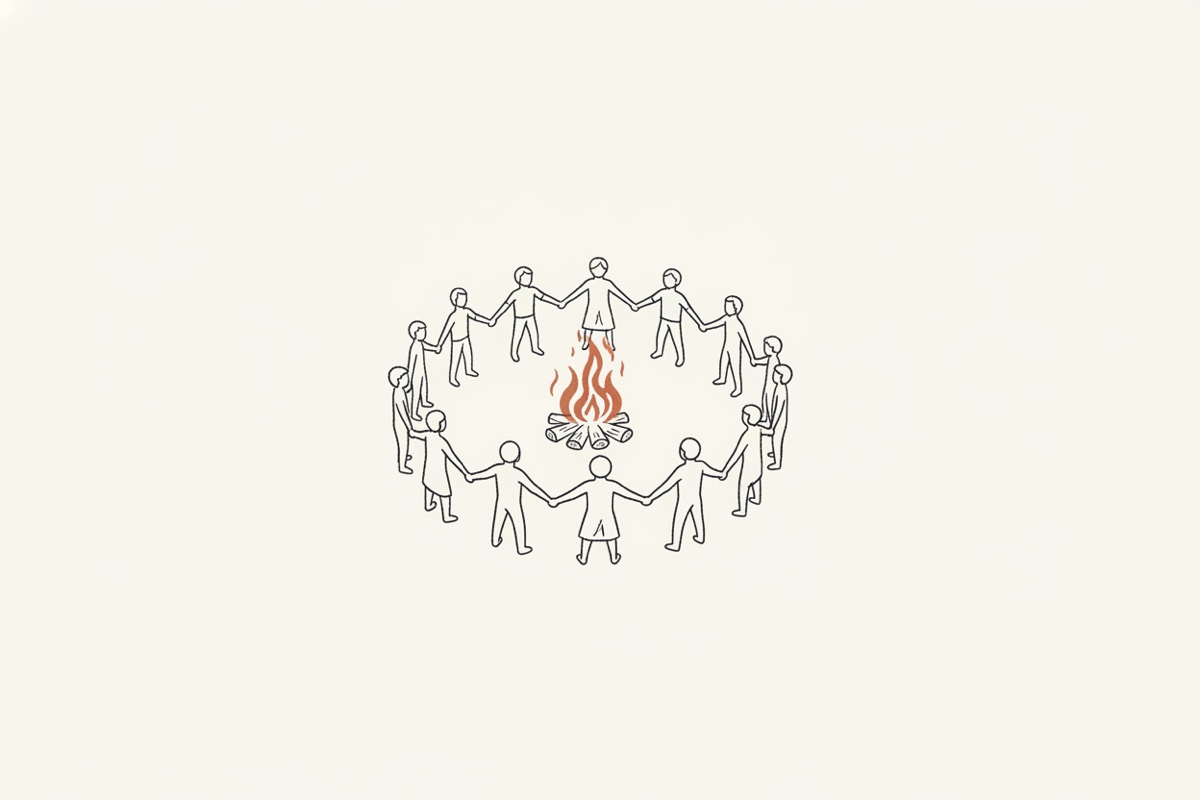 Line illustration: a circle of small figures holding hands around a campfire.
