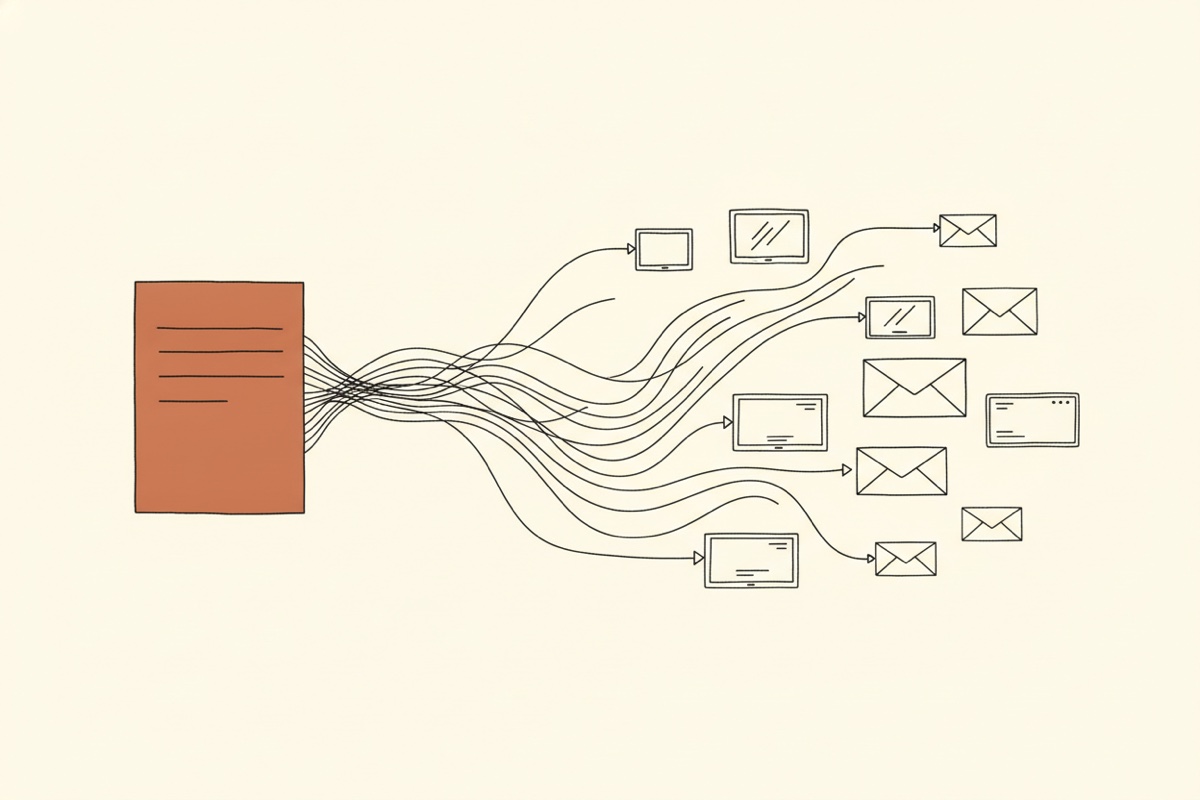 Line illustration: a single sheet of paper on the left, with a bundle of wires fanning out to a spread of small screens and envelopes; the sheet is the terracotta accent.