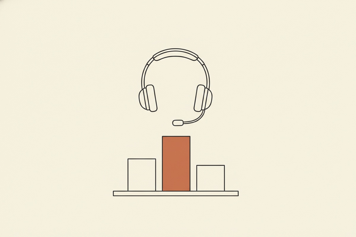 Line illustration: a telephone headset floating above a ranked bar chart podium.