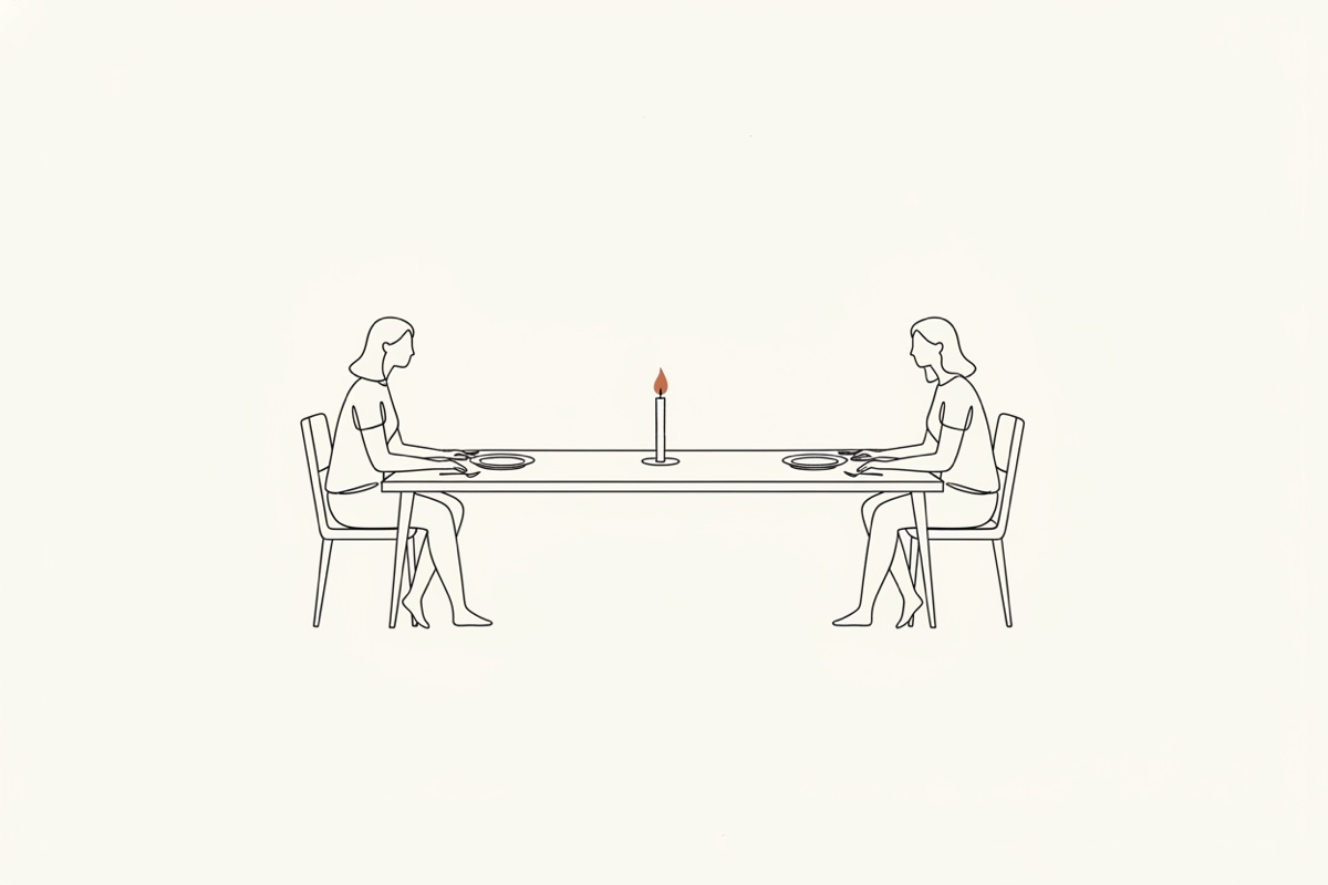 Line illustration: two figures sit at opposite ends of a long table set for two, a small candle burning low between empty plates.