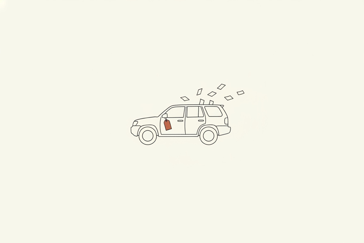 Line illustration: a simple SUV silhouette with small rectangular posts flying off it like sheets of paper