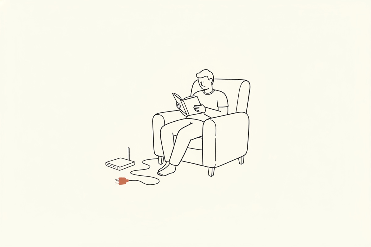 Line illustration: a relaxed figure in an armchair reading, an unplugged wifi router on the floor beside it with the cord loose