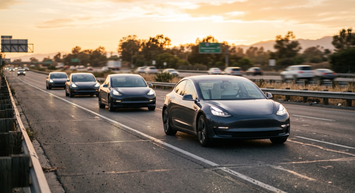 Driverless electric cars in formation on a highway at golden hour, empty driver seats visible