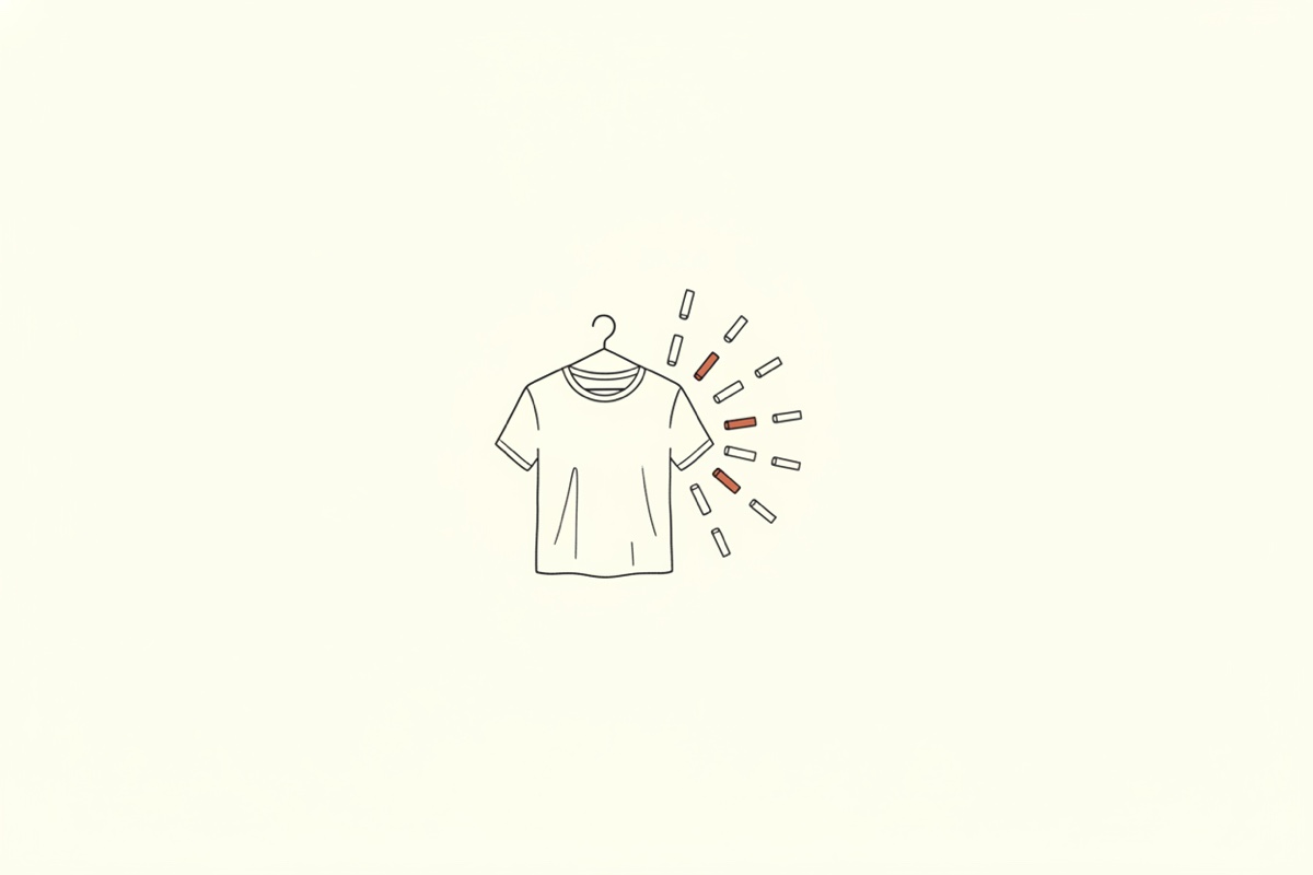 Line illustration: a t-shirt on a hanger with small rectangular posts fanning out from it in an arc