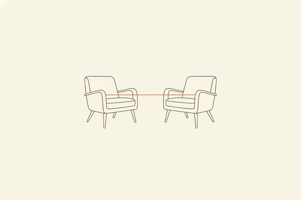 Line illustration: two separate armchairs facing each other across a narrow gap, connected by a single thread strung between them.
