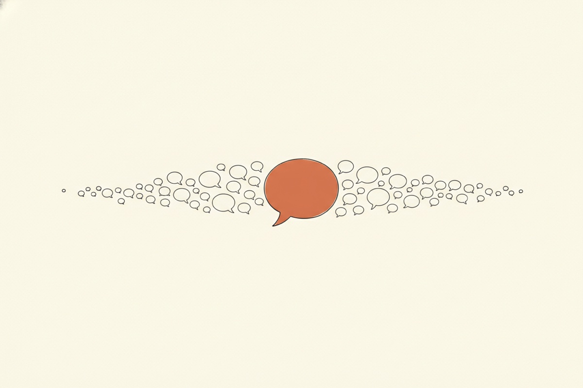 Line illustration: a single speech bubble multiplies into a spreading cluster of smaller bubbles trailing across the frame.