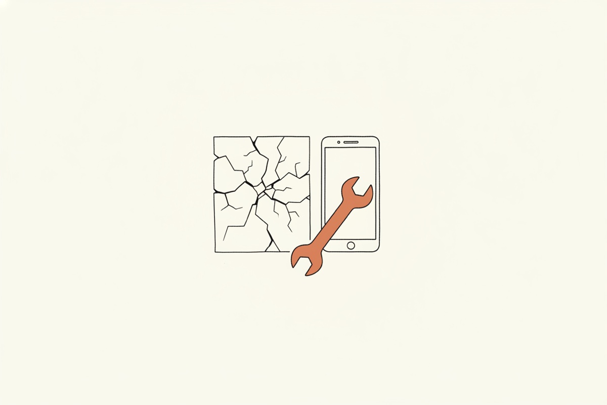Line illustration: a cracked tile beside a simple phone outline and a wrench, arranged like tools mid-repair.