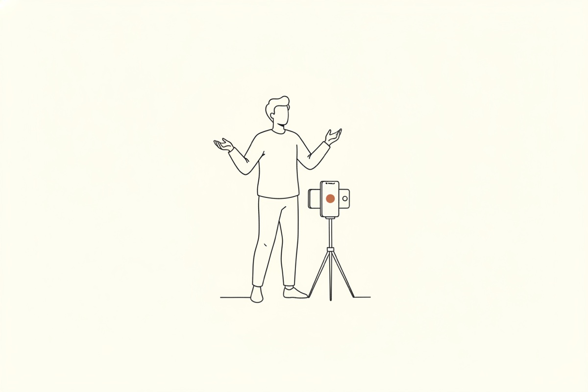 Line illustration: a figure talking to a phone mounted on a small tripod, gesture mid-story.