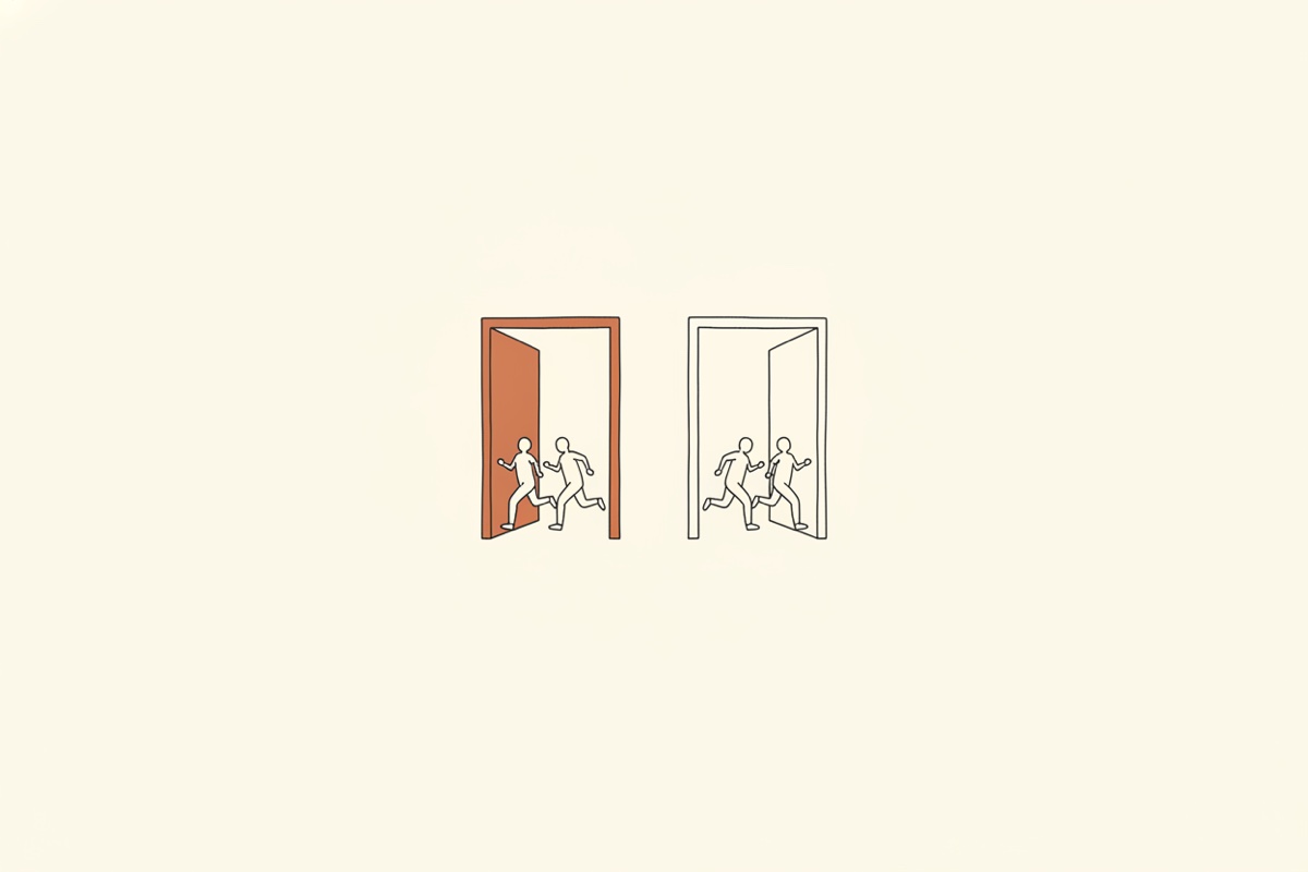 Line illustration: two open doorways side by side with small figures running through them together; one doorframe is the terracotta accent.