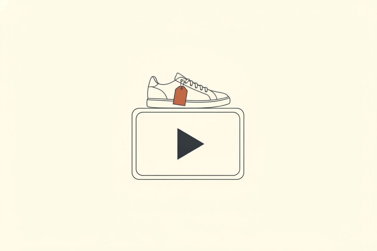 Line illustration: a screen with a play-button triangle, and a sneaker on the screen with a price tag hanging from it.