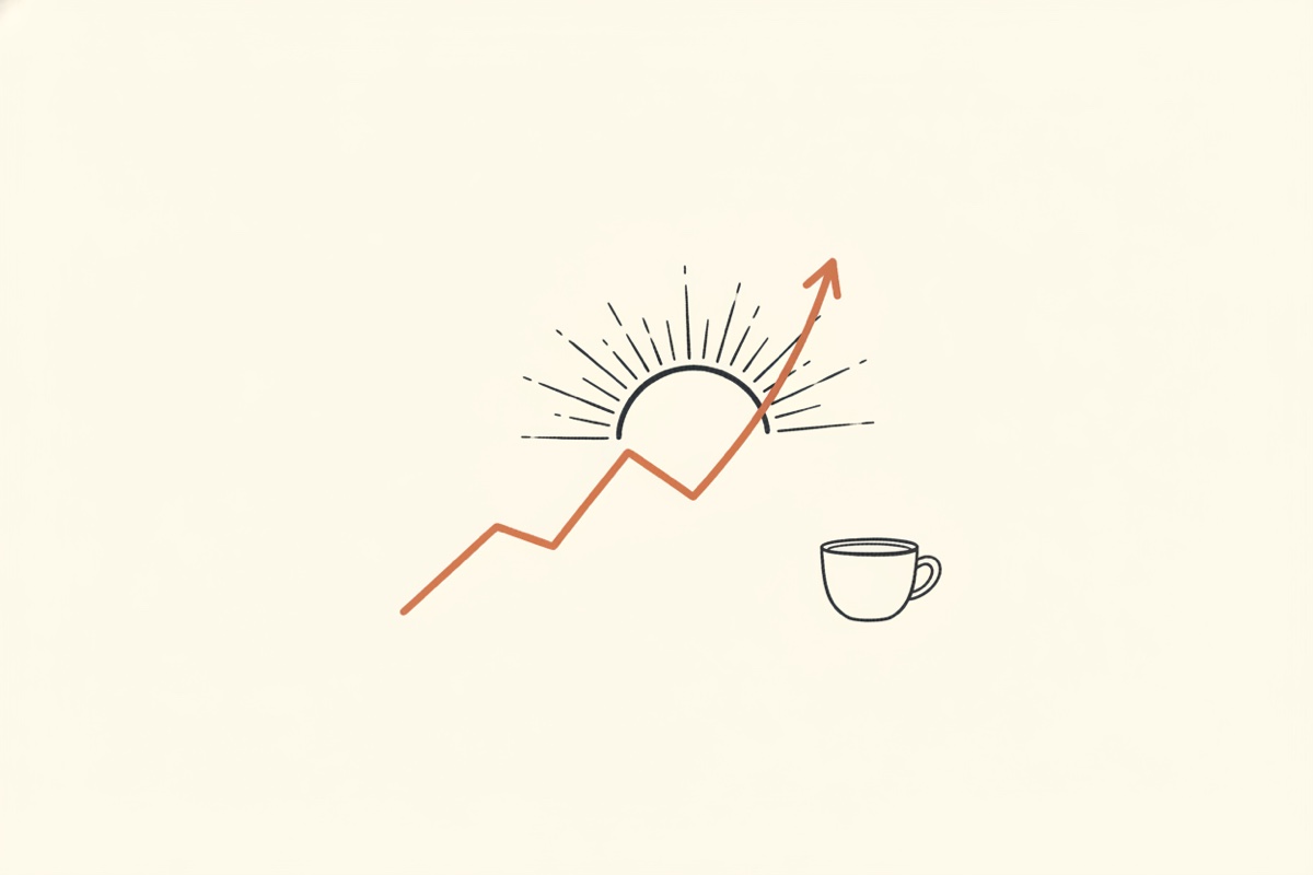 Line illustration: a rising line chart with a sun coming up behind it and a coffee cup in the corner