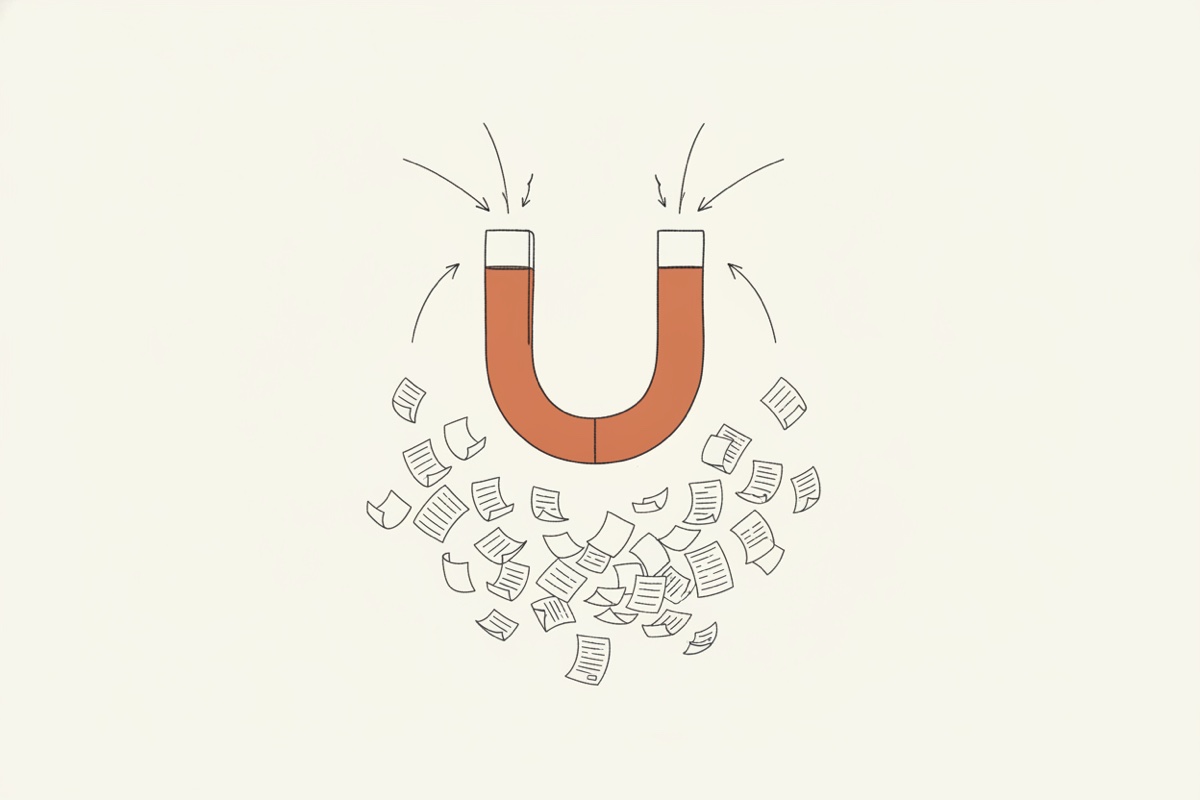 Line illustration: a large horseshoe magnet attracting a flurry of small paper documents