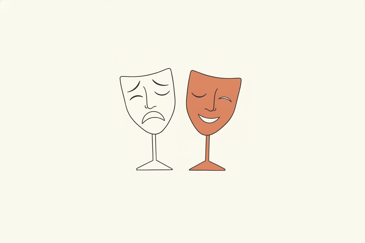 Line illustration: two theatre masks on stands, one frowning and one calm.