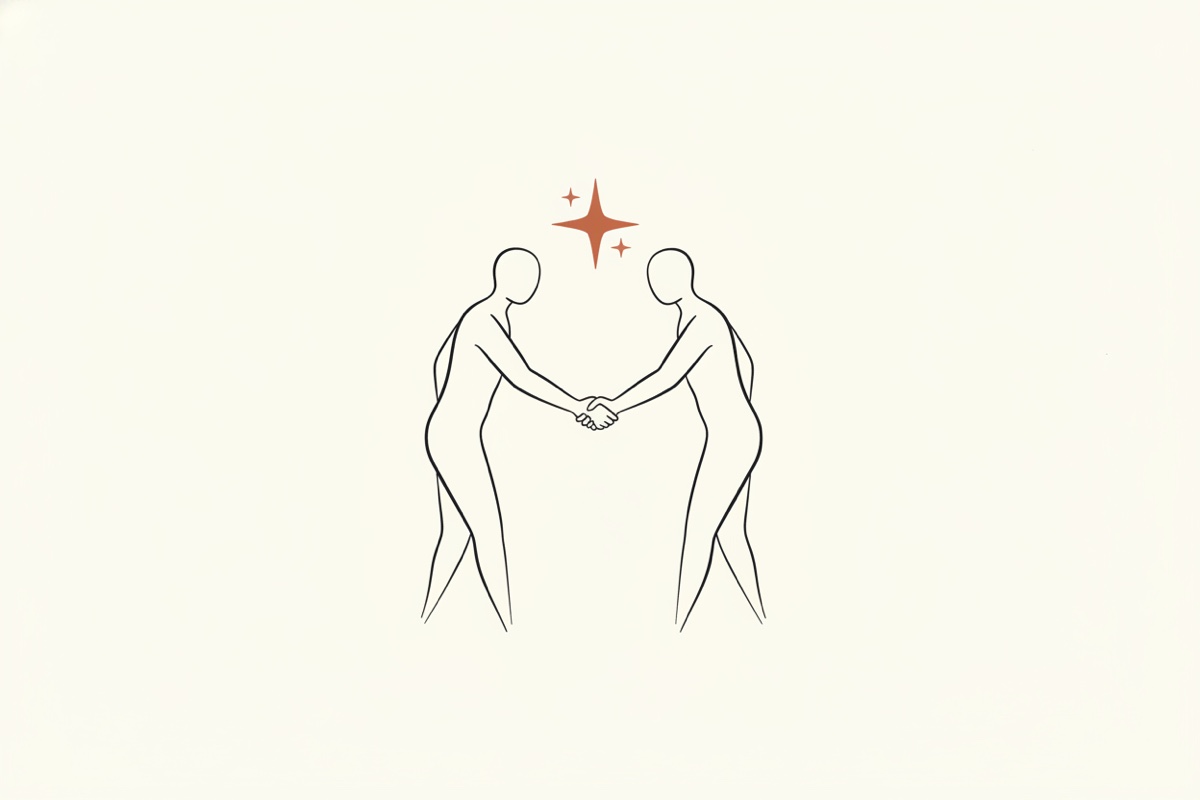 Line illustration: two figures shaking hands with a four-pointed spark above the joined hands