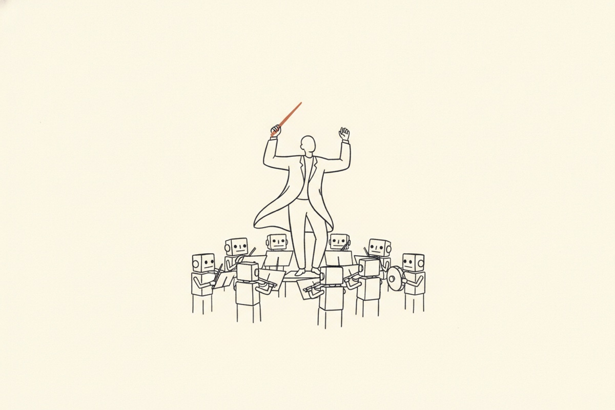 Line illustration: a figure on a small podium conducting an orchestra of little boxy robots with a baton.
