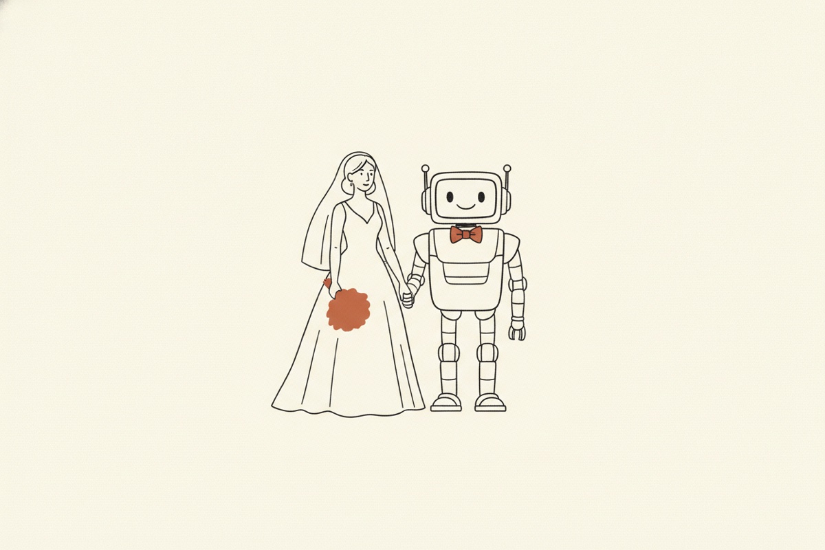 Line illustration: a wedding couple holding hands, one a person and one a friendly boxy robot.