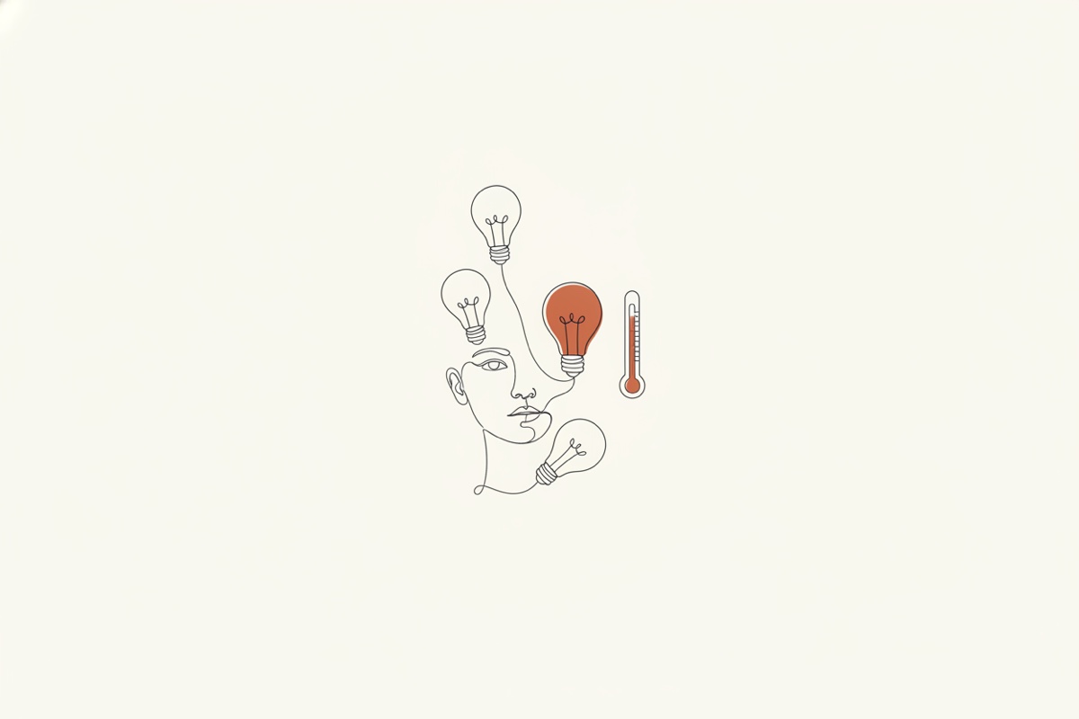 Line illustration: a woman's profile in a single line with a thermometer and three lightbulbs floating beside it; one lightbulb is the terracotta accent.