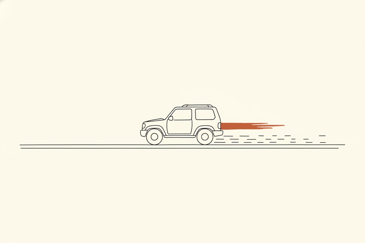 Line illustration: a simple SUV driving an open road that dissolves into dashes behind it