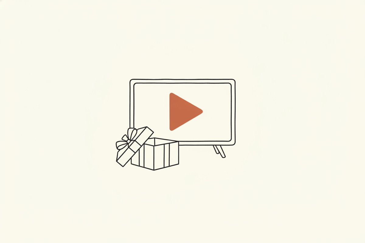 Line illustration: a television with a play-button triangle on screen and an open gift box in front of it.