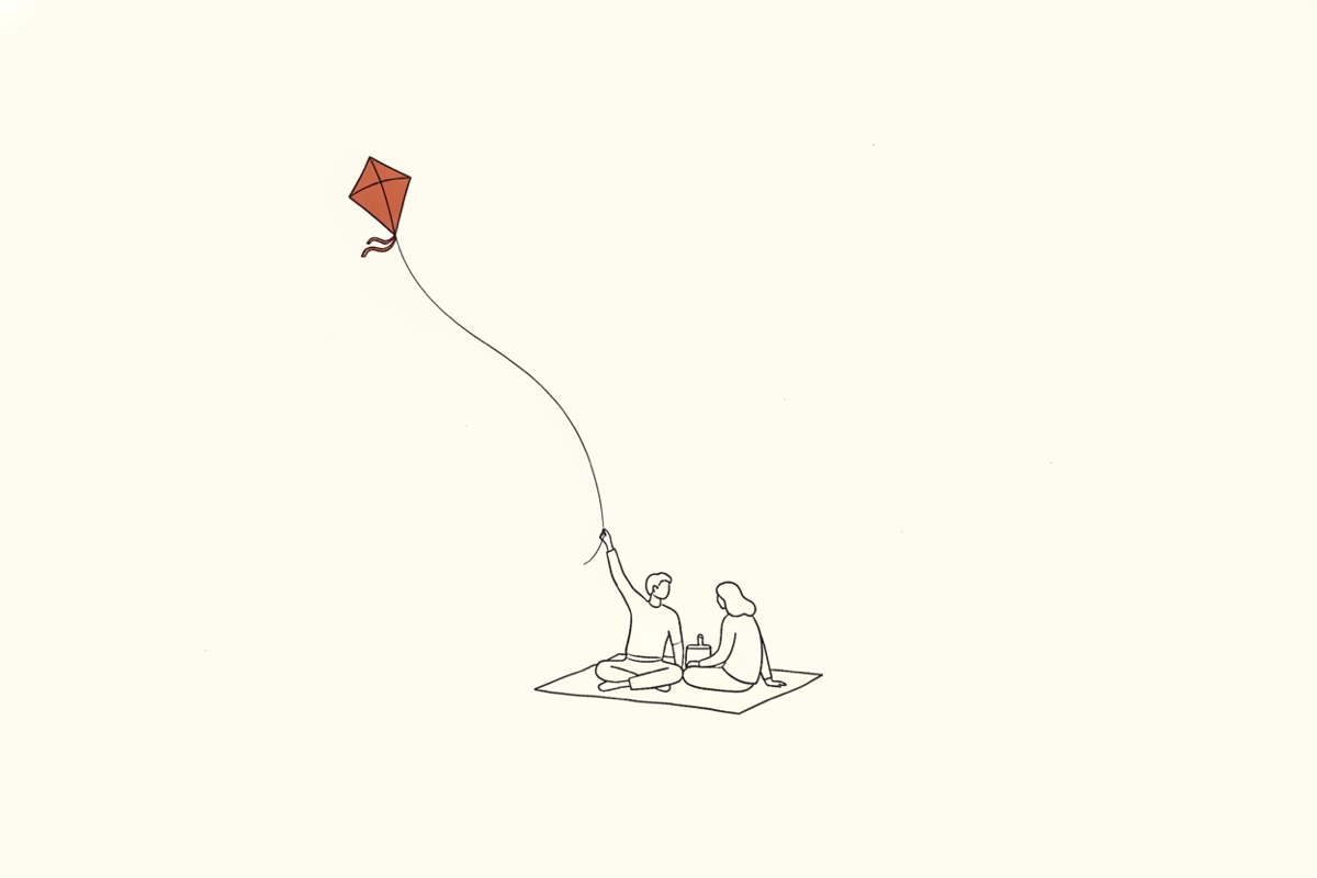 Line illustration: a picnic blanket with two figures sitting and a kite high in the sky on a long string.