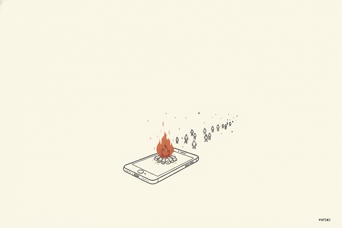 Line illustration: a phone lying face-down while small figures walk away toward a campfire under stars.