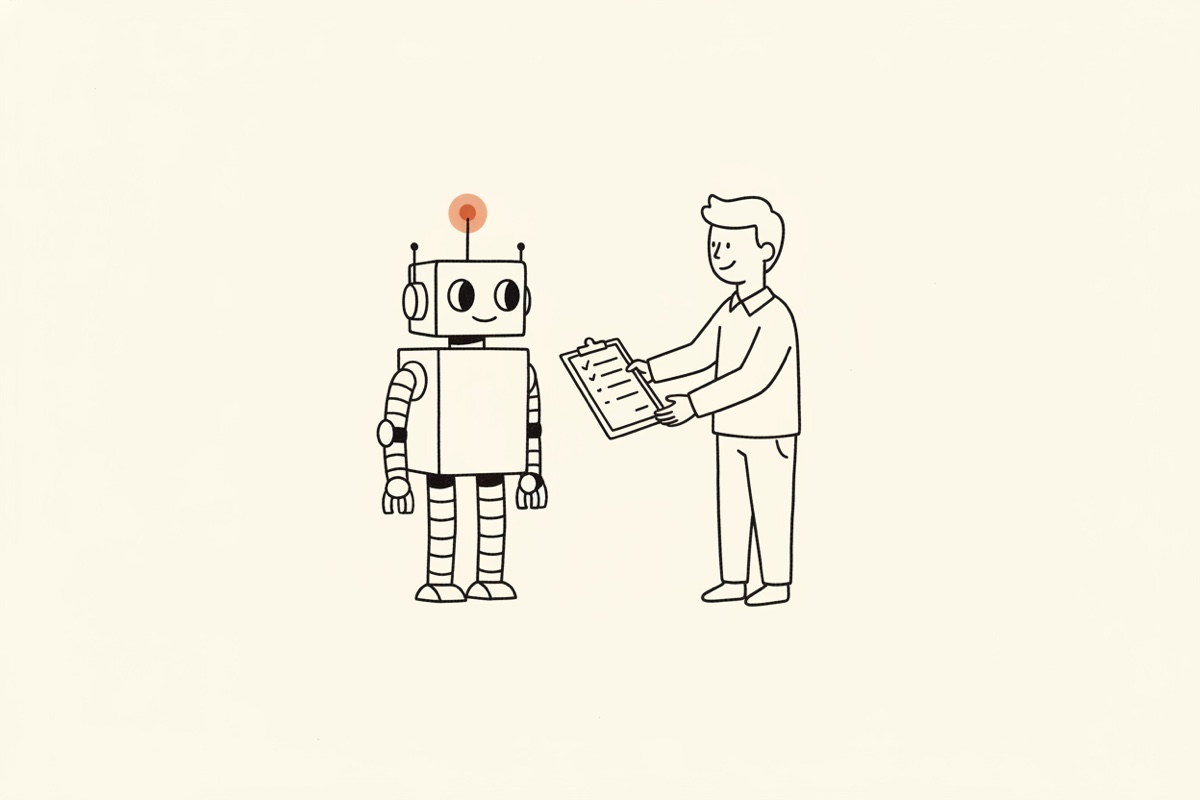 Line illustration: a person handing a clipboard checklist to a friendly boxy robot, like a first day at work.