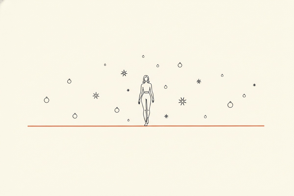 Line illustration: a figure walking a straight line across the frame while shiny baubles and stars float all around.