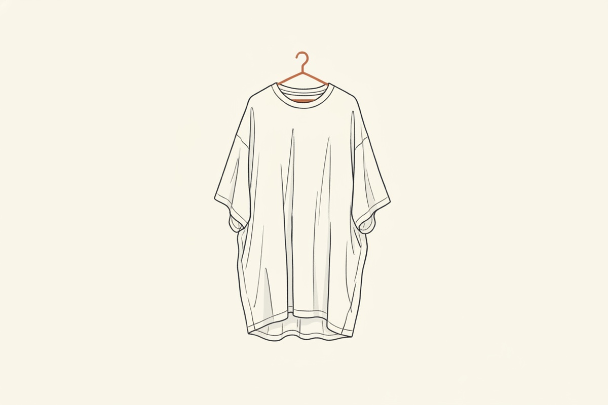 Line illustration: an enormous boxy t-shirt hanging on a tiny hanger, sleeves drooping