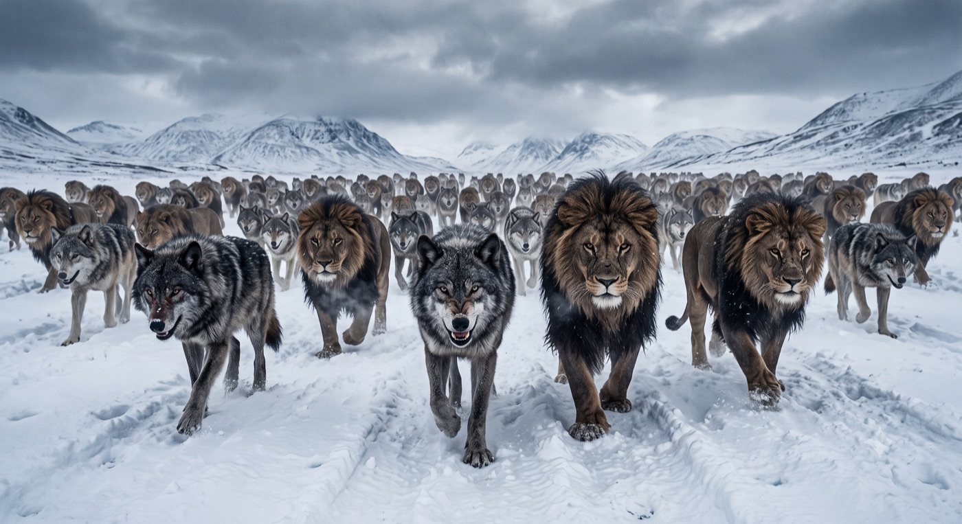 A single pack of wolves and lions marching together through the snow