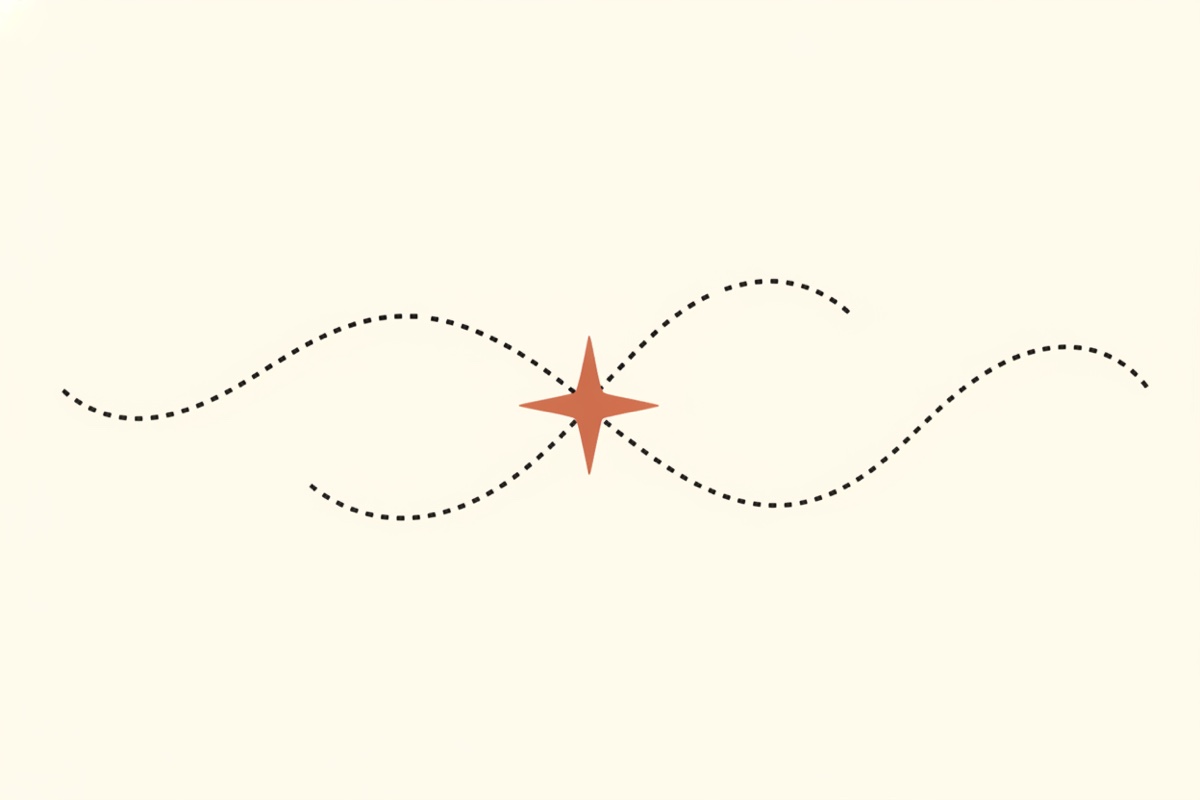 Line illustration: two winding dotted paths that cross once, with a four-pointed star at the crossing.