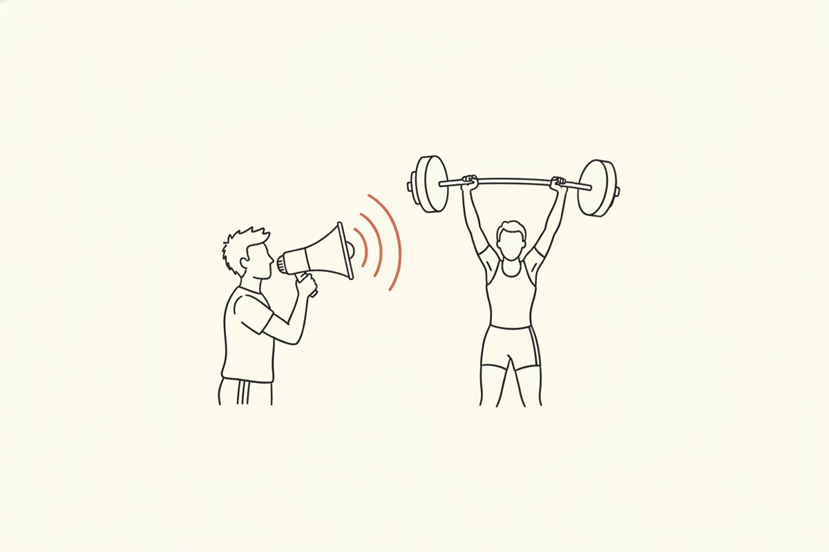 Line illustration: a coach with a megaphone beside a figure lifting a barbell.