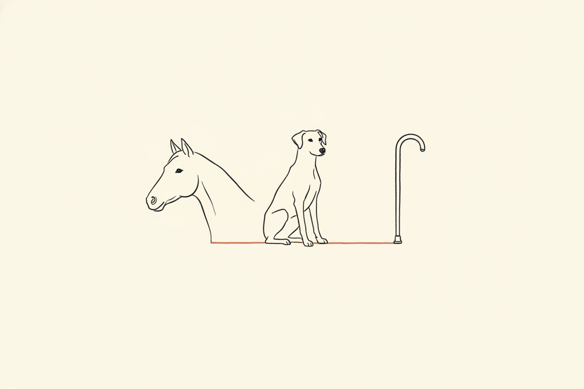 Line illustration: three simple outlines side by side — a horse, a dog, and a walking cane — connected by one thin line.