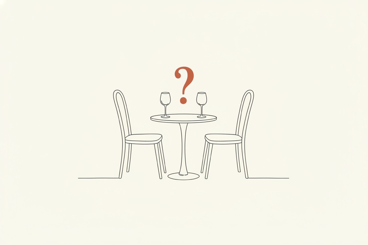 Line illustration: a small table for two with wine glasses and a large question mark floating between the chairs.