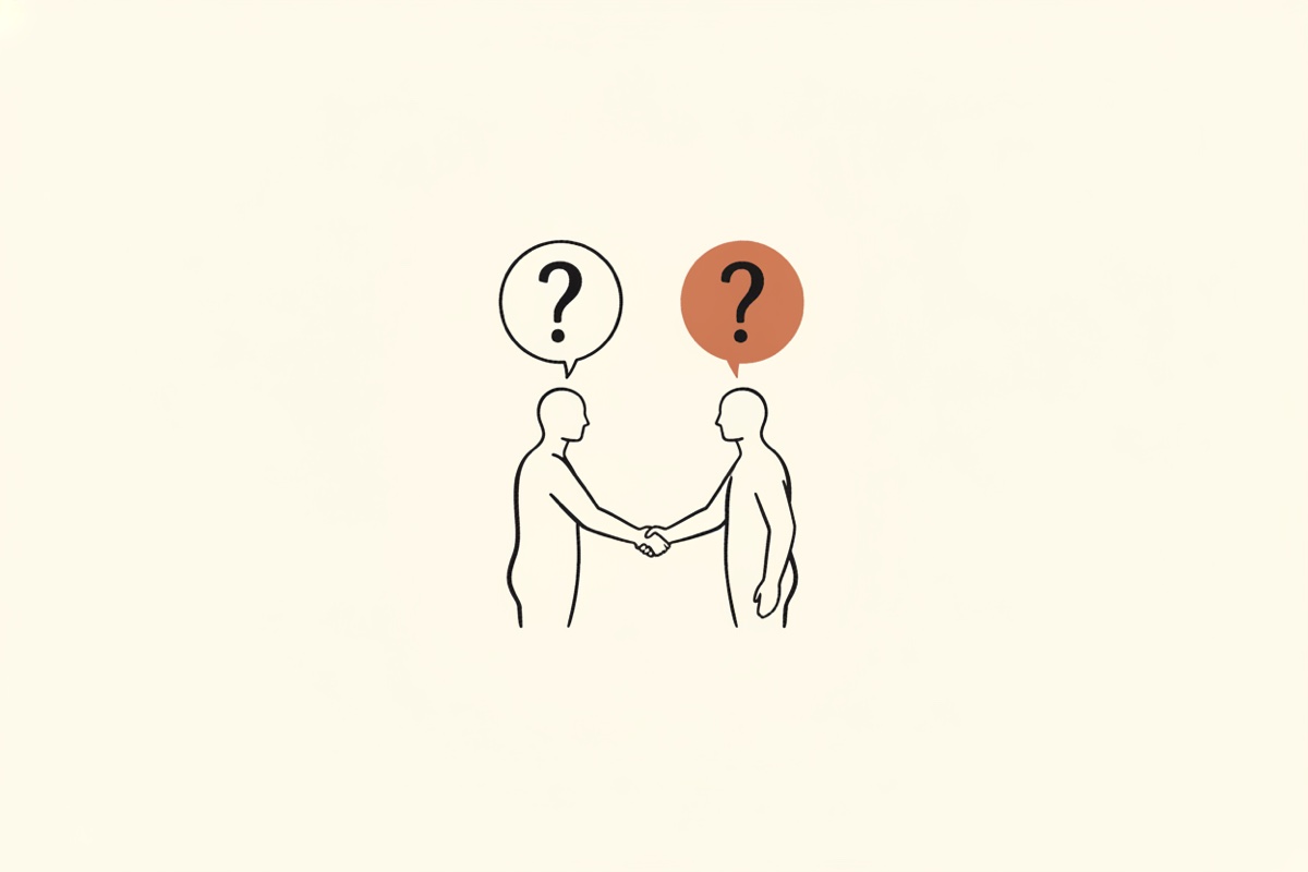 Line illustration: two figures shaking hands, speech bubbles above each head.