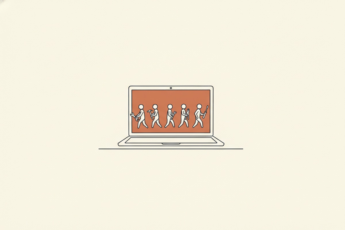 Line illustration: a laptop open on a desk with four small figures stepping out of the screen in a row, each carrying a different tool.