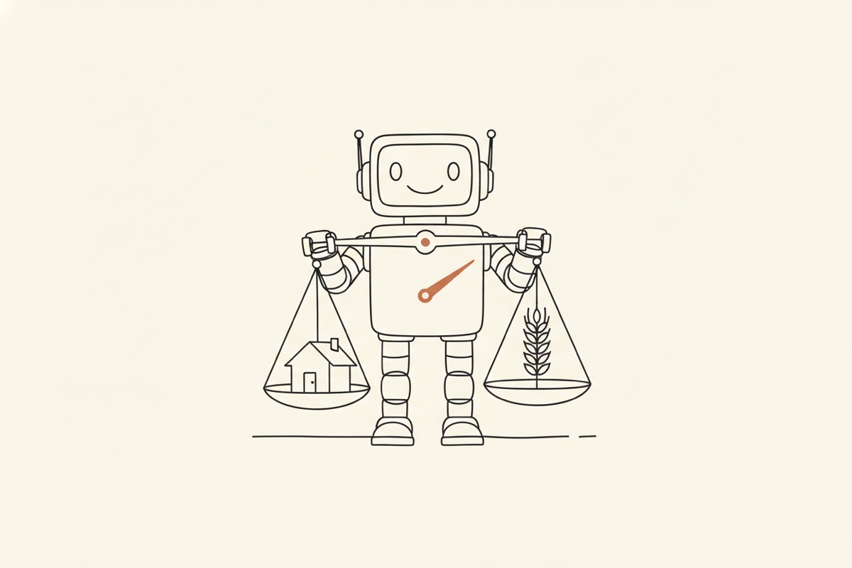 Line illustration: a friendly boxy robot holding a balanced scale with a house on one side and a wheat stalk on the other.