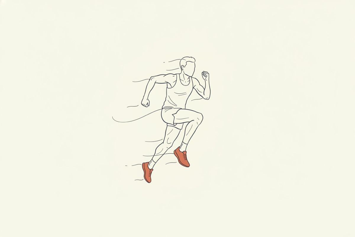 Line illustration: a runner mid-stride with knees driving up high, motion lines trailing