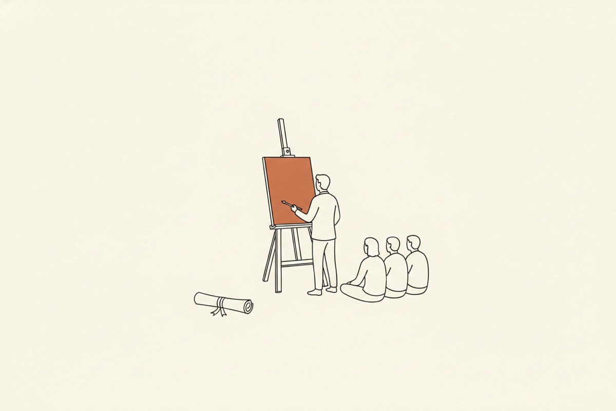Line illustration: a broken key lying in the foreground while a small stack of building blocks rises into a sunrise behind it.